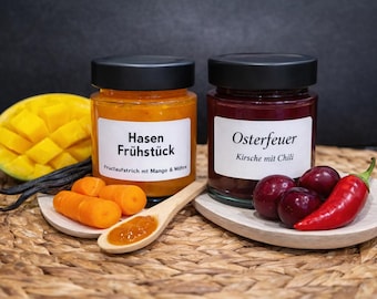 Marmelade, Konfitüre, Fruchtaufstriche in Geschenk Verpackung Ostern Geschenk Hasenfrühstück Osterfeuer