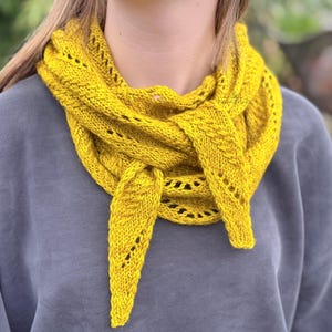 Pode incluir: Um cachecol de malha amarelo-mostarda com formato triangular e detalhes intrincados em renda. O cachecol está enrolado no pescoço, exibindo um padrão texturizado com pontos abertos e uma extremidade pontiaguda que pende na frente.