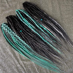 Gray and Turquoise Synthetic Dreadlocks with Braids and Beads, Double Ended or Single Ended Extensions, Boho Festival Hair