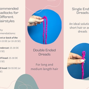 May include: Two pink synthetic dreadlocks, one single-ended and one double-ended, are held by hands against a blue background. The image includes text describing the dreadlocks as "Single Ended Dreads" and "Double Ended Dreads" and provides quantity recommendations for different hairstyles.