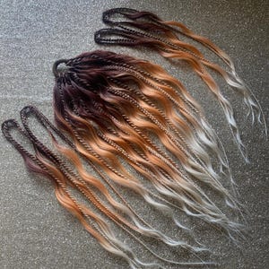 May include: A collection of braided hair extensions in shades of brown, copper, and blonde. The extensions are arranged in a fan-like pattern, with the colors transitioning from dark to light. The hair is wavy and appears to be synthetic.