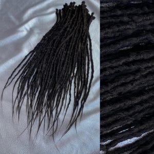 A set of dark brown synthetic dreadlocks, with a close-up of the texture of the dreadlocks.