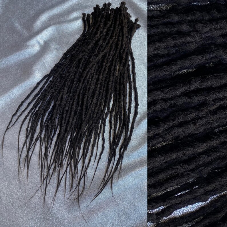 A set of dark brown synthetic dreadlocks, with a close-up of the texture of the dreadlocks.