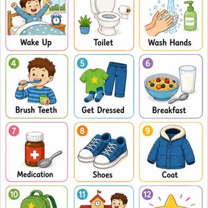 May include: A morning routine educational chart featuring twelve numbered picture and word cards. Illustrations include a child waking up, using the toilet, washing hands, brushing teeth, getting dressed, eating breakfast, taking medication, shoes, a coat, a backpack, going to school, and a star labeled Finished. The text reads Picture + Word Cards Morning Routine and AutismFriendlyStore.