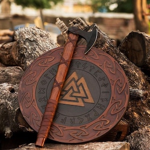 Handmade Viking Axe with Shield – High Carbon Steel Blade – Ash Wood Handle – Personalized Collectible – Gift for Him
