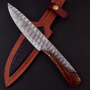 Damascus Steel Hunting Knife: Rosewood Handle, Leather Sheath
