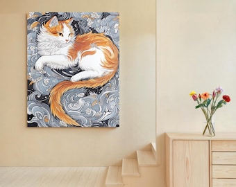 May include: A digital painting of an orange and white cat with a long tail curled around its body. The cat is surrounded by swirling blue and gray clouds with white flowers. The background is black.