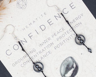 Boho dangle earrings. Hematite drop earrings with hypoallergenic silver hooks. Indie crystal jewelry
