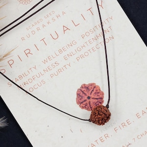 May include: A brown cord necklace with a red-brown Rudraksha seed bead. The card reads "Scared Seed Rudraksha Spirituality" and lists the benefits of the seed, including "wellbeing, positivity, mindfulness, enlightenment, focus, purity, protection". The card also states "Air, Water, Fire, Earth" and "Connects to all 7 chakras".