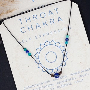 May include: A black cord necklace with blue and turquoise beads, displayed on a card with the words "Throat Chakra" and "Self Expression." The card also lists related concepts like communication and inner peace.