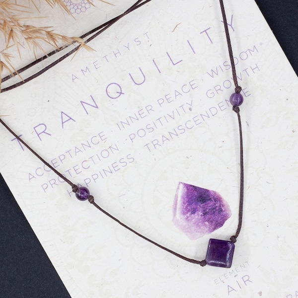 Amethyst Crystal Necklace, Rhombus Pendant, February Birthstone