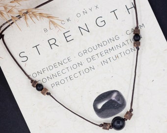 Matte Black Onyx necklace. Cord crystal jewelry. Root Chakra spiritual gift for men & women