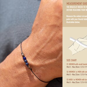May include: A guide for measuring wrist size for bracelets. The text explains that the bracelet should fit around the palm before reaching the wrist. The illustration shows how to measure the circumference of the palm with the thumb folded. The size chart lists three sizes with minimum and maximum measurements in centimeters and inches.