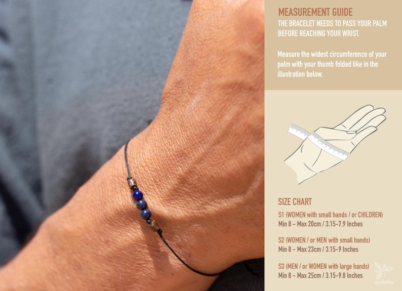 May include: A guide for measuring wrist size for bracelets. The text explains that the bracelet should fit around the palm before reaching the wrist. The illustration shows how to measure the circumference of the palm with the thumb folded. The size chart lists three sizes with minimum and maximum measurements in centimeters and inches.