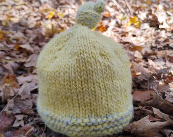 Hand Knit Baby Hat - Natural Dyed VT Wool - golden rod and indigo blue accent