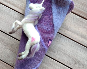 School cone/candy cone in shades of lilac, with a horse and horseshoe as lucky charms. Hand-felted using wet felting techniques.