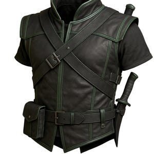 シャドウレンジャーレザーベスト - マットブラック タクティカルローグ コスプレアーマー ナイフシース＆ユーティリティポケット付き | LARP ステルスギア