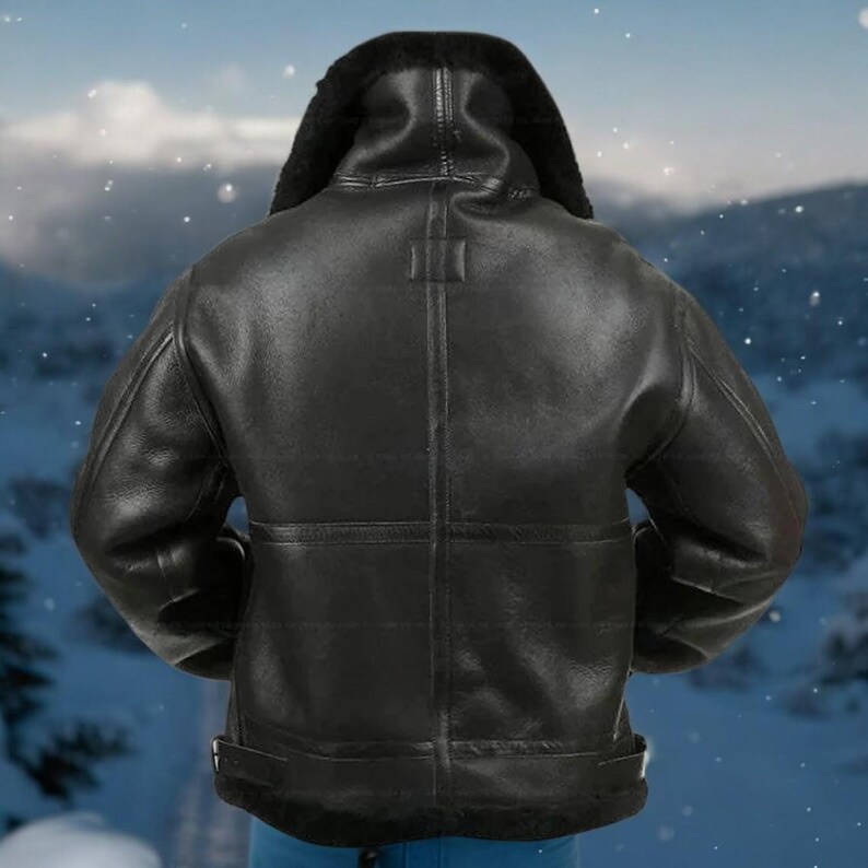 thumbnail image 2 of SP Men's Aviator Shearling Bomber Jacket – Genuine Sheepskin Leather, Black, Button Closure 2 of 2