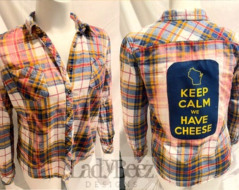 X-Large Women’s  Flannel, Upcycled and Distressed, bleached flannel, graphic on back, one of a kind, Keep Calm we have Cheese