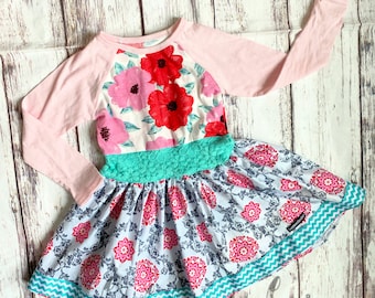 Size 4T, Flowers and Frills, mixed fiber twirl dress, ready to ship