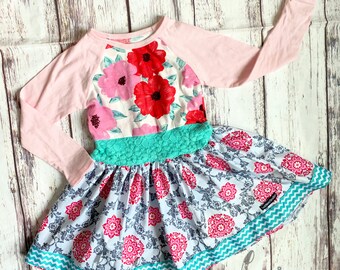 Size 4T, Flowers and Frills, mixed fiber twirl dress, ready to ship
