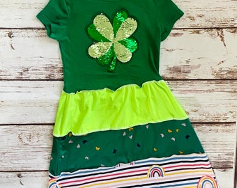 Size 4/5, Lucky Little Sequin Shamrock , Upcycled Knit Dress, ready to ship, one of a kind