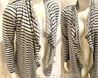 Large Women's Waterfall Cardigan, Light Sweater, Light Gray with Black Stripes, one of a kind, ready to ship