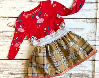 Size 2t, Tartan Plaid and Red Floral dress, mixed fiber twirl dress, ready to ship