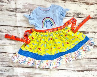 Size 5, When it Rains, Look for Rainbows, Mixed Fiber Upcycled Tshirt Dress with sash and Ruffles