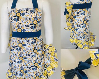 Apron, Adult Ruffled Apron, Women's Apron, Apron for Women, Spring Time Blue and Yellow Floral & Feather