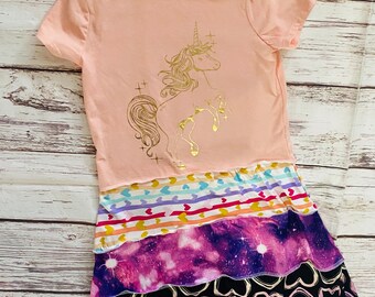 Size 6, Lucky Litte Unicorn, Upcycled T-shirt Dress, ready to ship, one of a kind