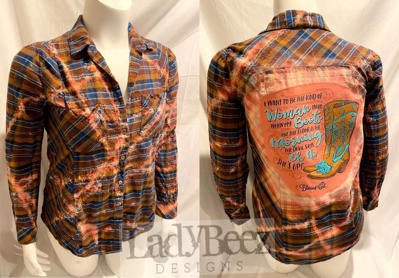 Medium Mens Flannel, Upcycled and Distressed, bleached flannel, graphic on back, one of a kind, Oh No, Shes Up image 1