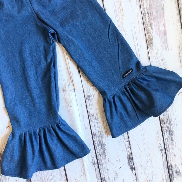 Girls Ruffle Pants- Denim - Made from Viola Lee Pattern "Emma Lee"