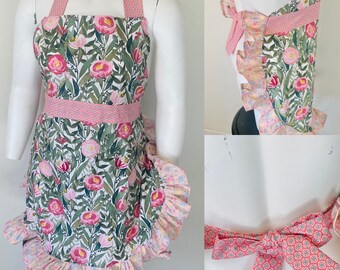 Apron, Adult Ruffled Apron, Women's Apron, Apron for Women, Spring Time Flowers in Bloom