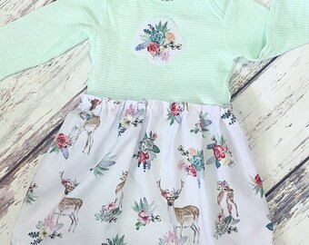 Size 3/6 months, Upcycled Little Deer Dress, Bodysuit Dress , Ready to Ship, One of a kind