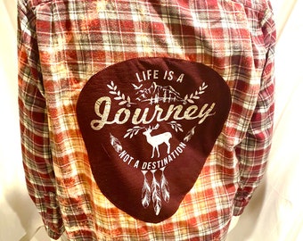 X-Large Men's size Flannel, Upcycled and Distressed, bleached flannel, graphic on back, one of a kind, Life's a Journey