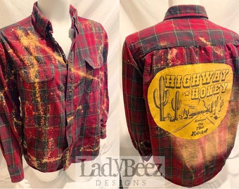 X-Large Men’s size Flannel, Upcycled and Distressed, bleached flannel, graphic on back, one of a kind, Highway Honey, Women's Flannel