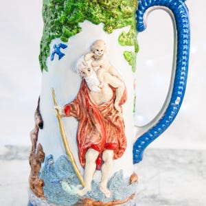 Hand Signed Folk Art Stein – Large Wildlife & St Christopher Ceramic Tankard