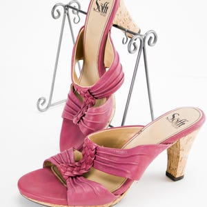 Sofft Plum Leather Cork Heels | Size 8.5M Peep Toe Slip-On Sandals | Vintage-Inspired Comfort Shoes