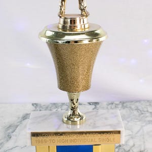 May include: A gold trophy featuring a figure of a person aiming a rifle. The trophy has a gold glittered cup, a white marble base, and a blue and gold front. Text on the trophy reads "LYCOMING TRAP SHOOTER ASSN. 1969-70 HIGH INDIVIDUAL SINGLE."