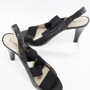 Ellen Tracy Black Leather Heels | “Josie” 8.5M Slingback Stretch Sandals | Chic High Heel Shoes