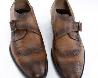 Handmade Leather Monk Strap Brogue Shoes: Cognac Brown, Size 8.5 US