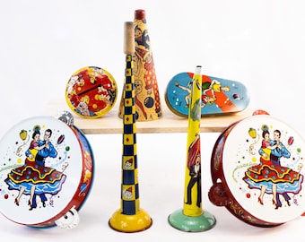 Vintage Tin Toy Instrument Lot – Circus & Carnival Noisemakers (1930s–1950s)