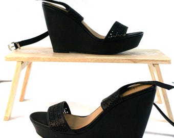 Y-Not? Black Wedge Sandals – Women’s Size 8 – Cutout Strap Heels