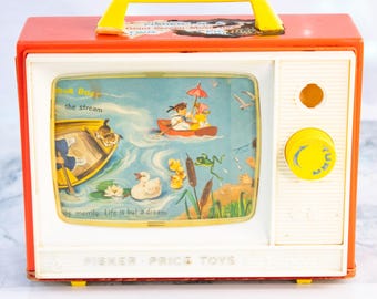 Fisher-Price Two Tune TV #114 1966 Vintage Wind-Up Music Box Works Wood Base