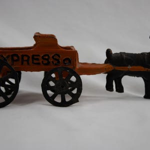 Vintage Cast Iron Goat Drawn Express Cart Toy – Antique Style Painted Wagon – Collectible Farm Animal Figurine