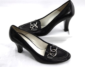 Anne Klein Leather Loafers: Black iFlex Heels with Silver Detail, Size 8.5M
