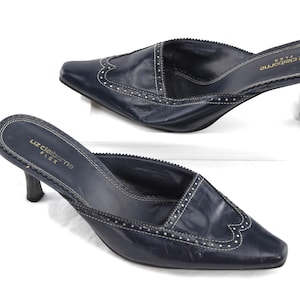 Vintage Liz Claiborne Leather Kitten Heels | Navy Blue Mules | Size 7.5M | Classic Brogue Stitching | 1990s Pointed Toe Slip-Ons