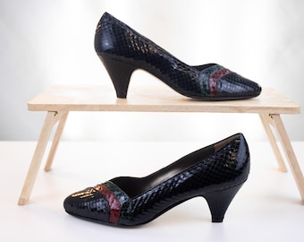 Vintage Maral Italy Black Snakeskin Pumps Gucci Style Striped Heels Size EU 35