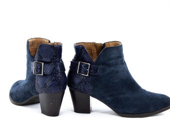 Vionic Navy Suede and Snake Print Ankle Booties – Womens 8.5M Block Heel Zip Boots